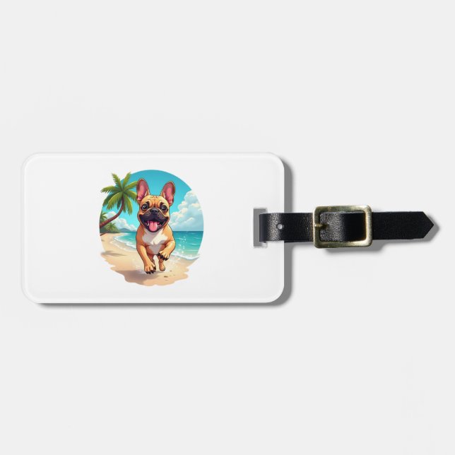 Étiquette À Bagage Bouledogue français sur une plage (Devant horizontal)