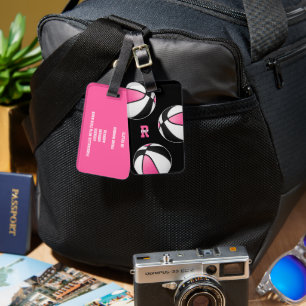 Étiquette À Bagage boules de basket noir rose jeune athlète monogramm
