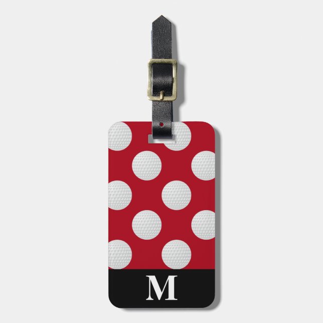 Étiquette À Bagage Boules de golf blanc monogramme, rouge foncé (Devant Vertical)