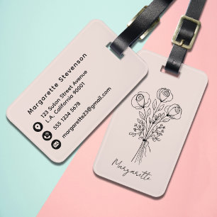 Étiquette À Bagage Bouquet de roses dessinées à la main Corail pêche