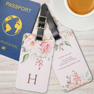 Étiquette À Bagage Bouquet floral monogramme rose et pivoine