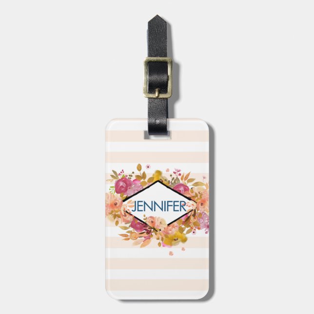 Étiquette À Bagage Bouquet floral orange et rose avec cadre diamant (Devant Vertical)