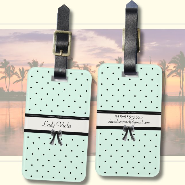 Étiquette À Bagage Boutique Chic Monogramme pois vert menthe (Coastal chic! 🌊 Personalized seafoam mint & polka dots for your tropical island escape.)