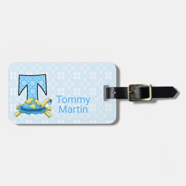 Étiquette À Bagage Boys Blue Letter T pour Turtle Monogrammed Travel (Devant horizontal)