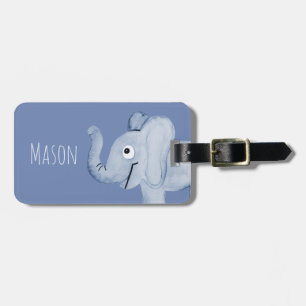 Étiquette À Bagage Boy's Blue Watercolor - Safari éléphant et nom des