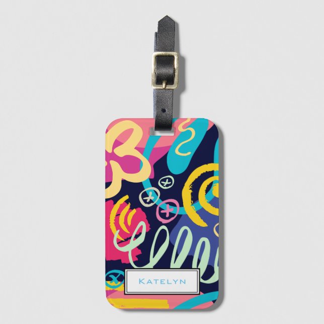 Étiquette À Bagage Bright Funky 1980s Retro Motif avec nom (Devant Vertical)