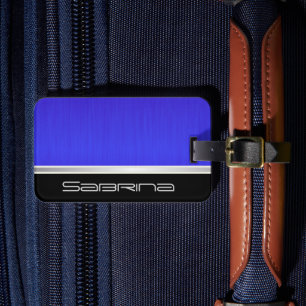 Étiquette À Bagage Bright Neon Blue Brush Steel and Silver Print