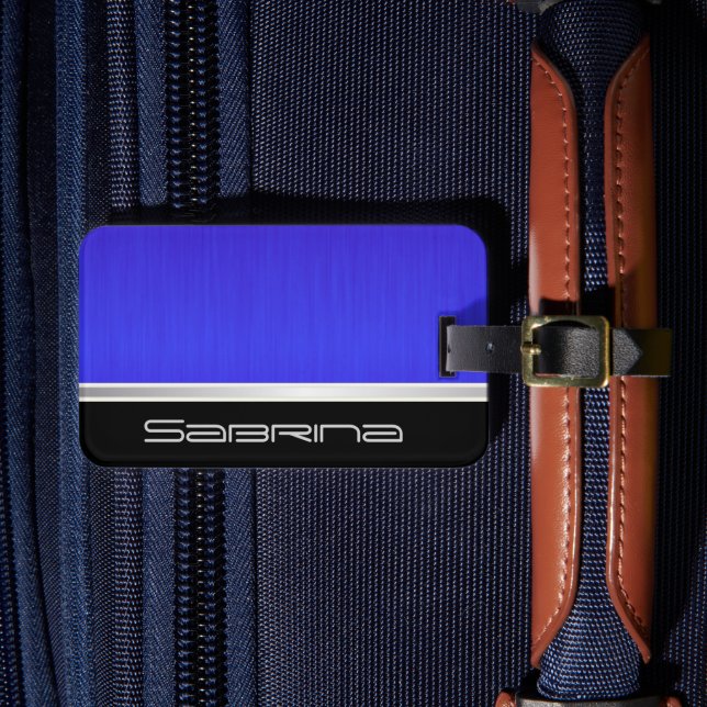 Étiquette À Bagage Bright Neon Blue Brush Steel and Silver Print (Insitu Rectoal 4)