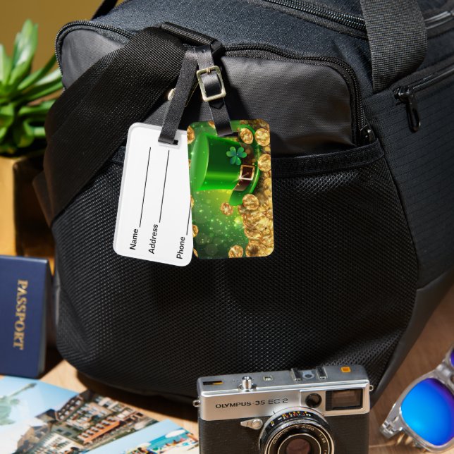 ÉTIQUETTE À BAGAGE BRILLANT VERT IRLANDAIS EN HAUT ET PIÈCES D'OR (Recto & Verso)