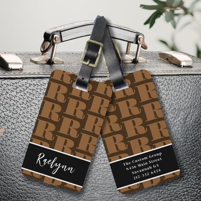 Étiquette À Bagage Brown noir blanc moderne Monogramme initial (Créateur téléchargé)