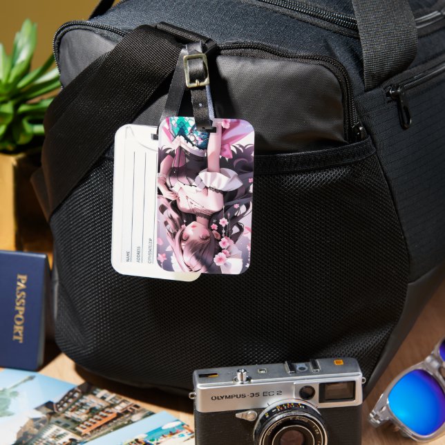 Étiquette À Bagage Brown Sirène Haired aux fleurs roses dans ses chev (Recto & Verso)