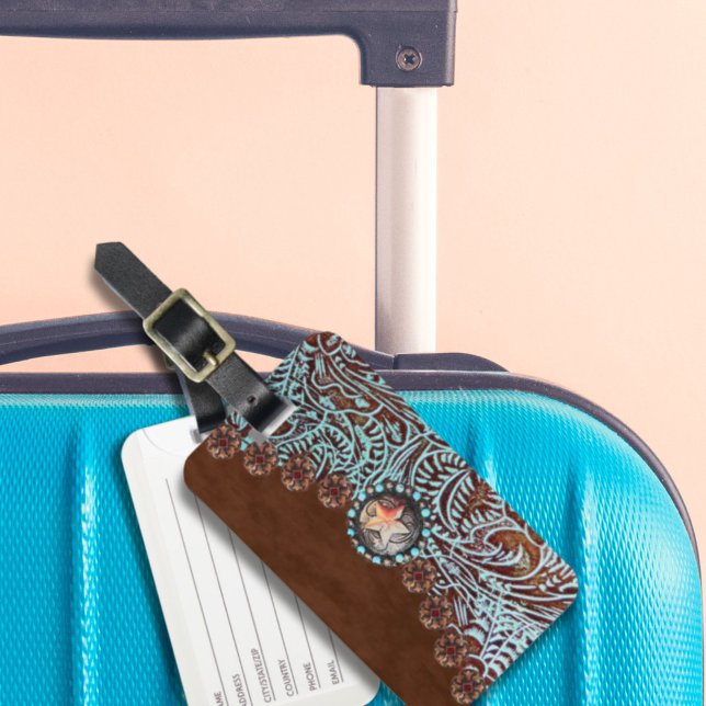 Étiquette À Bagage brun turquoise western pays à outils cuir (brown turquoise western country tooled leather luggage tag)