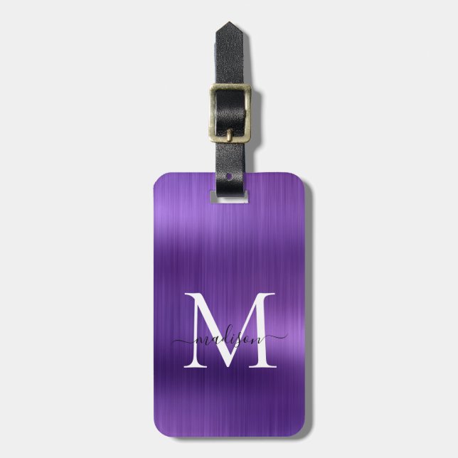 Étiquette À Bagage Brun violet foncé en métal brossé Monogramme Glam (Devant Vertical)