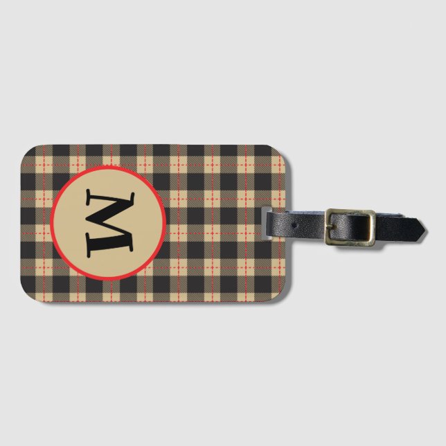 Étiquette À Bagage Buffle marron noir et rouge monogrammé (Devant Horizontal)