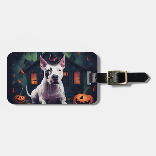 Étiquette À Bagage Bull Terrier Citrouilles Halloween Épouvantable (Devant horizontal)