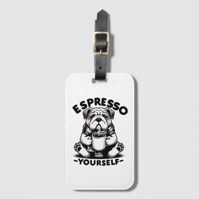 Étiquette À Bagage Bulldog au café chaud espresso (Devant Vertical)