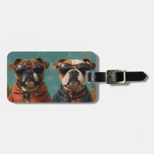 Étiquette À Bagage Bulldog aux roses du cœur pour la Saint-Valentin