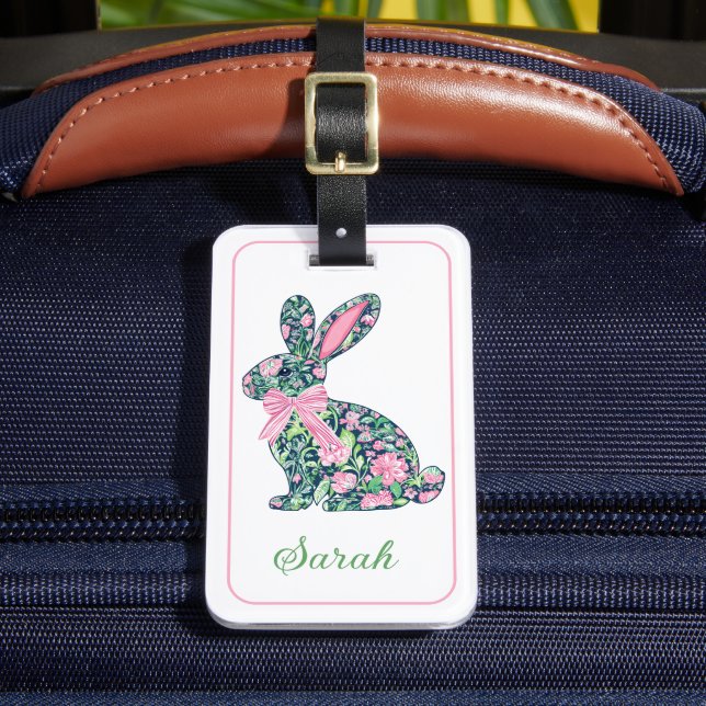 Étiquette À Bagage Bunny de Chinoiserie rose et verte avec bow (Insitu Rectoal 2)