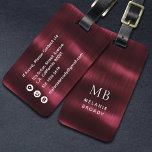 Étiquette À Bagage Burgundy Brushed Steel Faux Metal Monogram<br><div class="desc">Travel in elegance with this Burgundy Brushed Steel Faux Metal Monogram Luggage Tag. The design features a rich burgundy faux brushed metal background inspired by sleek stainless steel finishes, creating a bold yet refined look. Personalize the front with your monogram initials and name in crisp white typography for a clean...</div>