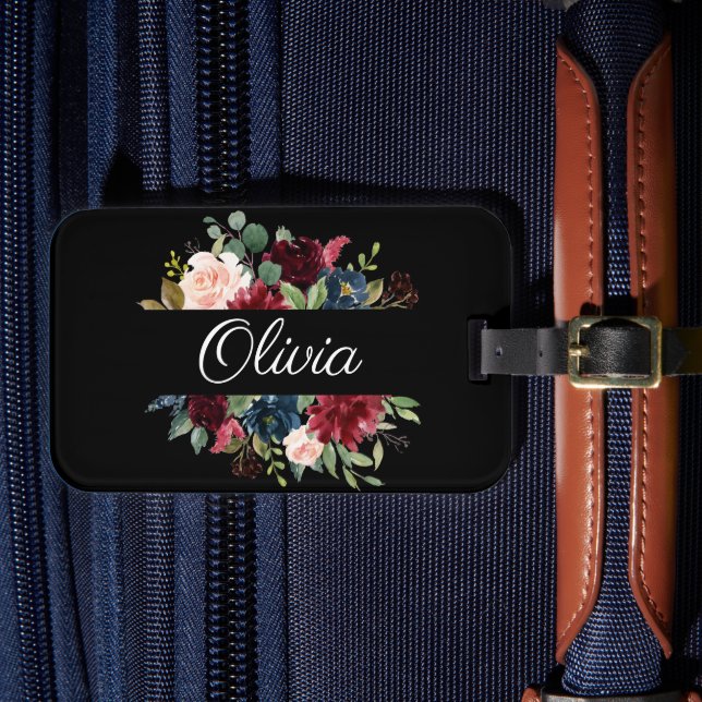 Étiquette À Bagage Burgundy Floral Elégant Joli aquarelle