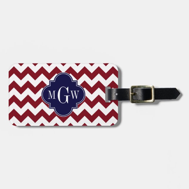 Étiquette À Bagage Burgundy Wht Chevron Marine Blue 3 Monogramme init (Devant horizontal)