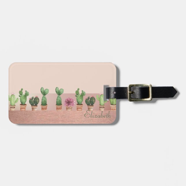 Étiquette À Bagage Cactus aquarelle élégant chic de style (Devant horizontal)