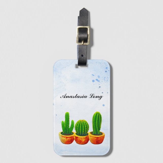 Étiquette À Bagage Cactus d'aquarelle bleu doux et vert (Devant Vertical)