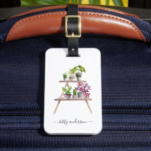 Étiquette À Bagage Cactus de plante en pot à l'aquarelle   Monogramme