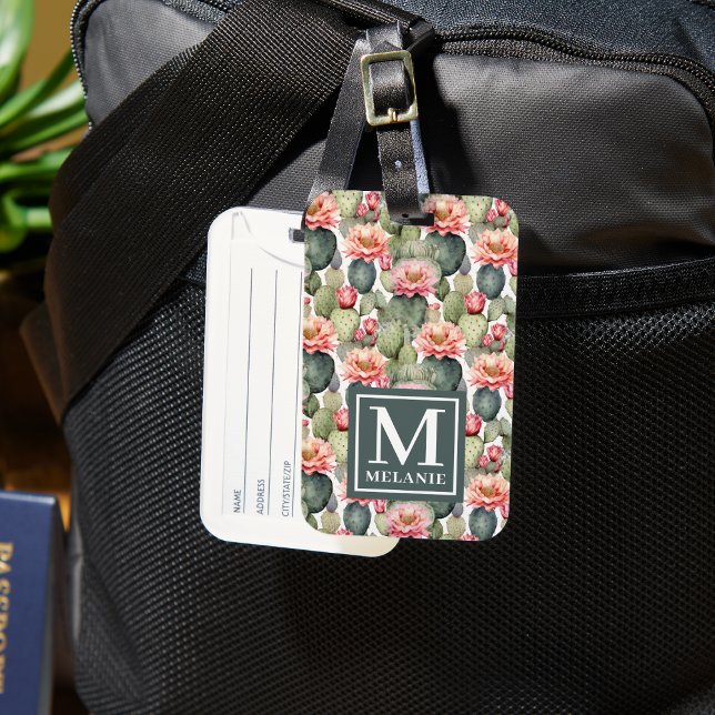 Étiquette À Bagage Cactus Motif Fleurs roses Monogramme (Créateur téléchargé)