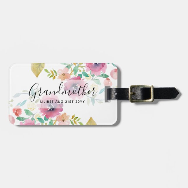 Étiquette À Bagage Cadeau Grandma - Jolie Plum Fleurs roses Perosonal (Devant horizontal)