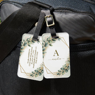 Étiquette À Bagage Cadre géométrique en or à monogramme de verdure d'