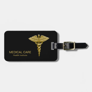 Étiquette À Bagage Caducée Médicale chic d'or sur l'étiquette noire
