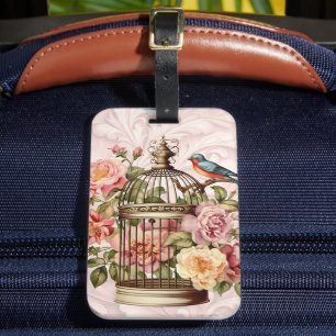 Étiquette À Bagage Cage à oiseaux floral aquarelle vintage romantique