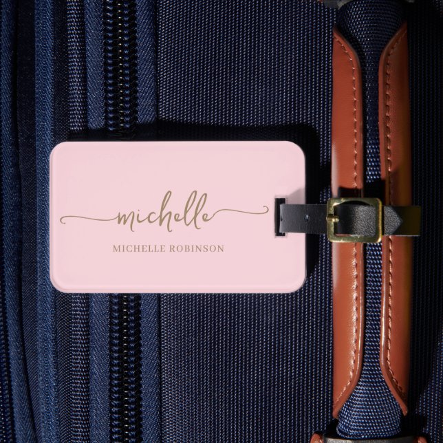 Étiquette À Bagage Calligraphie Moderne Monogramme Nom Script Or Rose (Insitu Rectoal 4)
