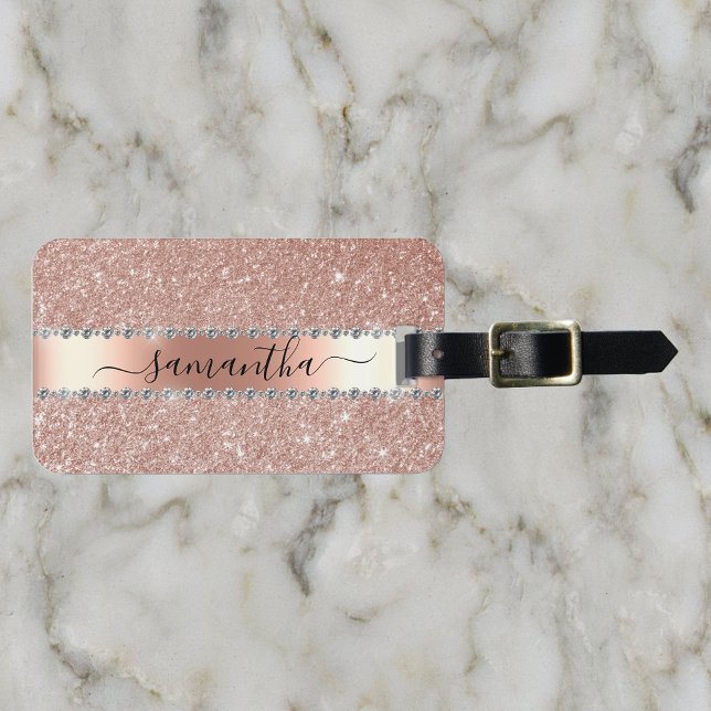 Étiquette À Bagage Calligraphie Rose Gold Pailleté Écriture Manuscrit (Créateur téléchargé)
