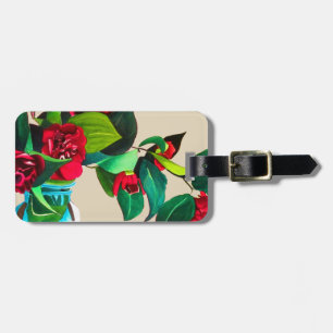 Étiquette À Bagage Camellias rouge avec fleur d'aquarelle de feuillag