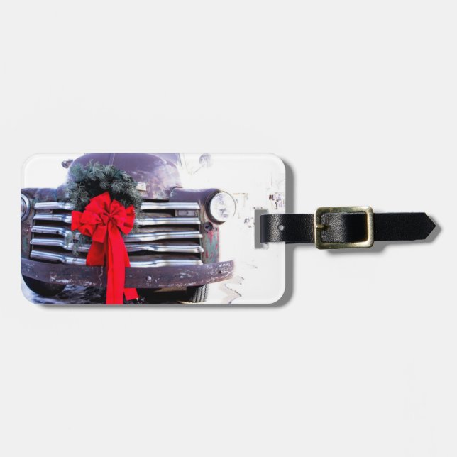 Étiquette À Bagage Camion antique avec couronne de Noël festive (Devant horizontal)