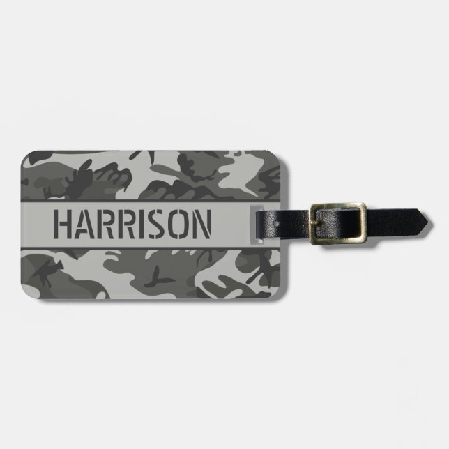 Étiquette À Bagage Camo Grise Personnalisée (Devant horizontal)