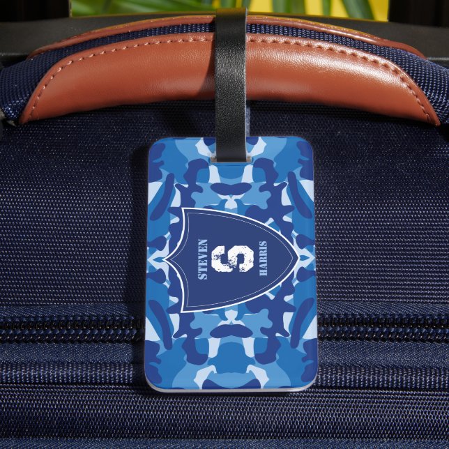 Étiquette À Bagage Camouflage bleu Camo Motif de l'armée Monogramme (Verso Insitu 4)
