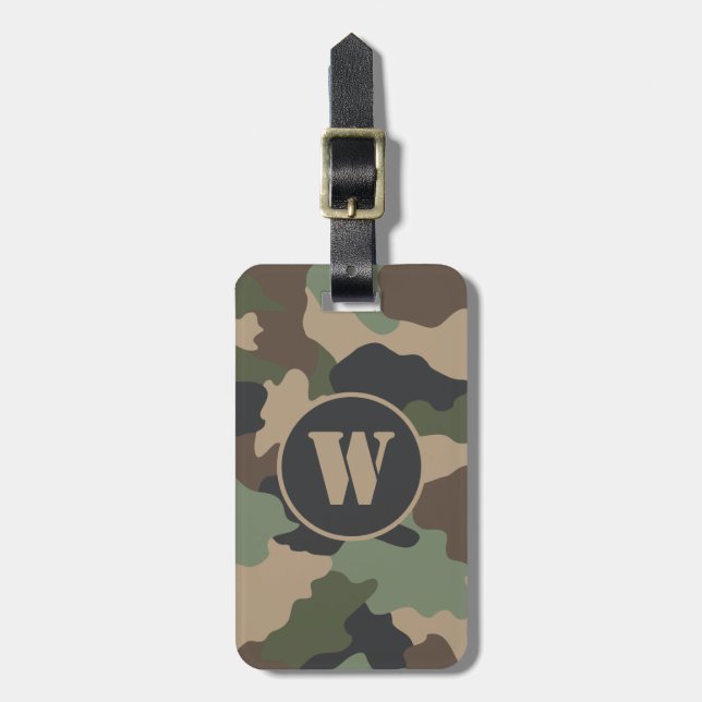 Étiquette À Bagage Camouflage Woodland Camo Khaki Tan Black Monogramm (Devant Vertical)
