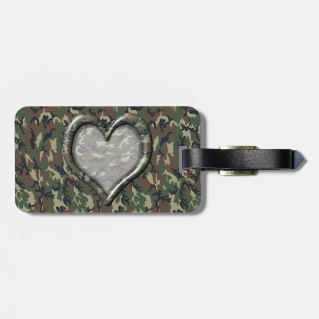Étiquette À Bagage Camouflage Woodland Forest Heart sur Camo (Dos horizontal)