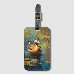 Étiquette À Bagage Canard Tranquille Sur Un Étang Peinture Artistique