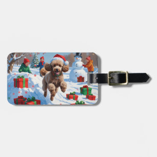 Étiquette À Bagage Caniche courant dans la neige avec un chapeau de N