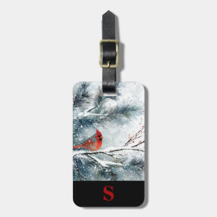 Étiquette À Bagage Cardinal rouge monogrammé sur branche de pin ennei