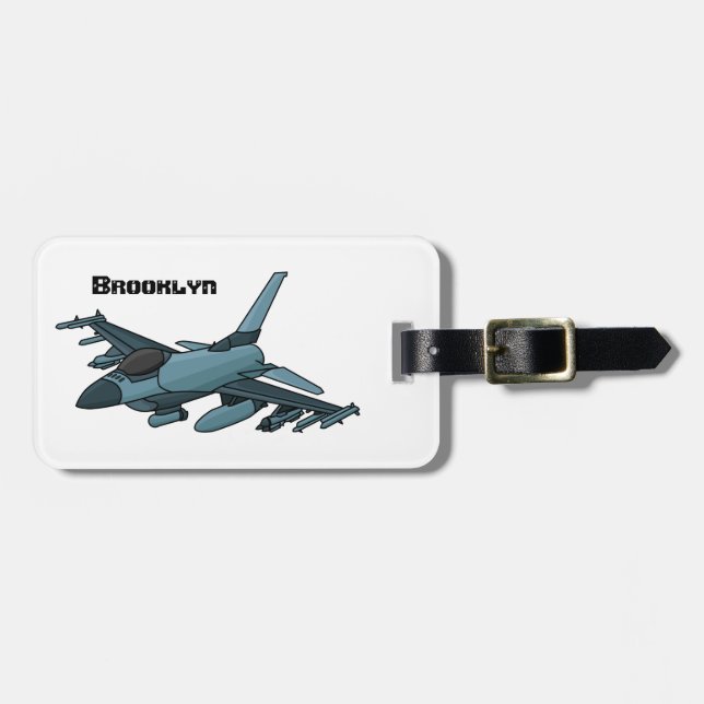 Étiquette À Bagage Caricature d'avion de chasse militaire (Devant horizontal)