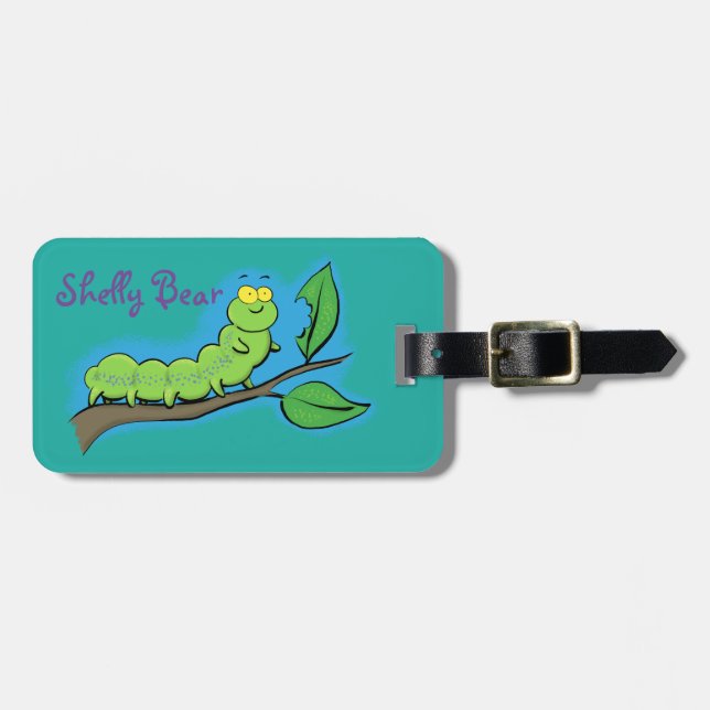 Étiquette À Bagage Caricature de chenille vert mignon (Devant horizontal)