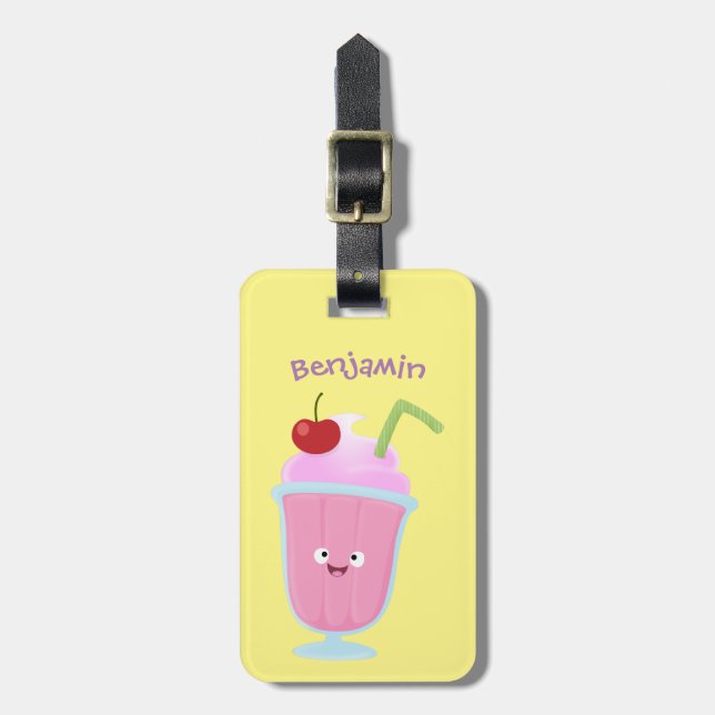 Étiquette À Bagage Caricature de crème glacée de fraise mignonne (Devant Vertical)