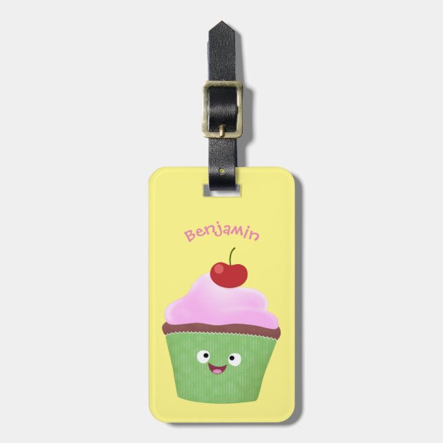 Étiquette À Bagage Caricature de cupcake joyeux (Devant Vertical)