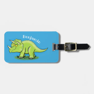 Étiquette À Bagage Caricature de dinosaure de triceratops vert mignon