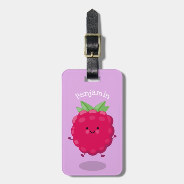 Étiquette À Bagage Caricature de framboise très heureuse (Devant Vertical)